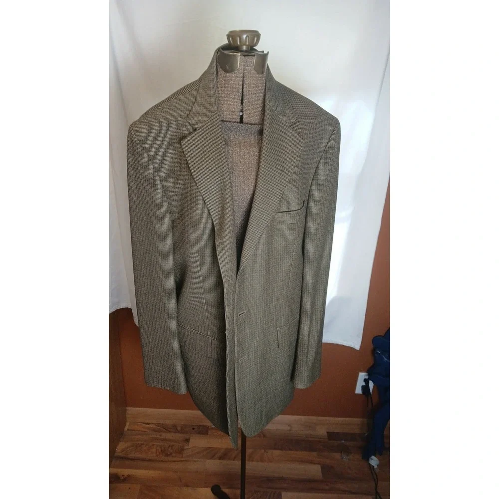 Oscar de la Renta Mens 44L Wool Blazer Sport Coat Brown Green Houndstooth T090